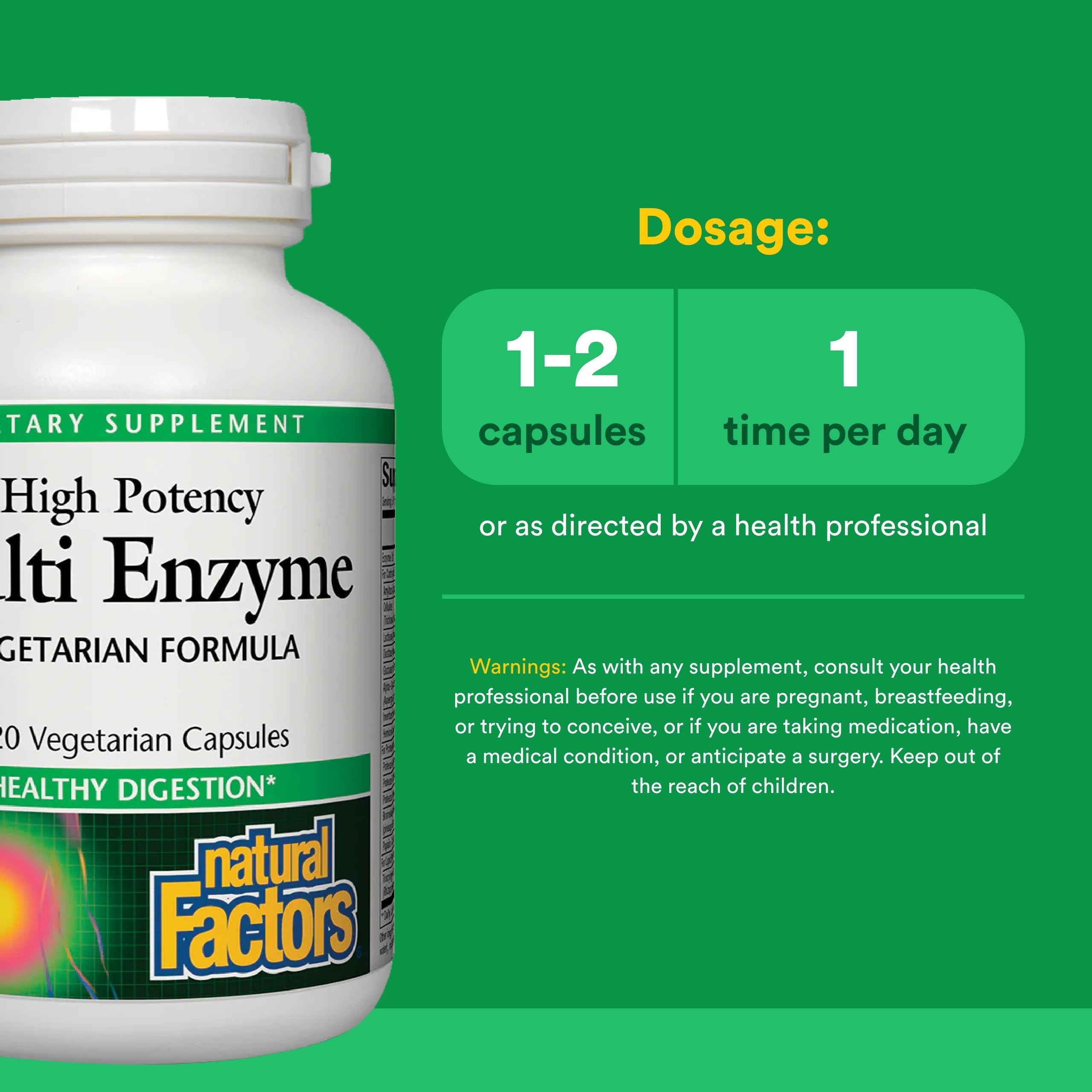 Natural Factors Vegan Digestive Aid label highlights plant-based enzymes and non-GMO ingredients.