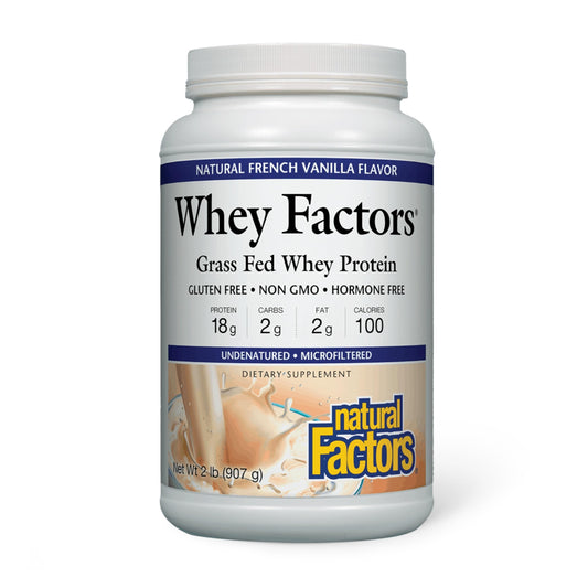 Natural Factors Whey Factors bottle front highlighting a protein boost for active days