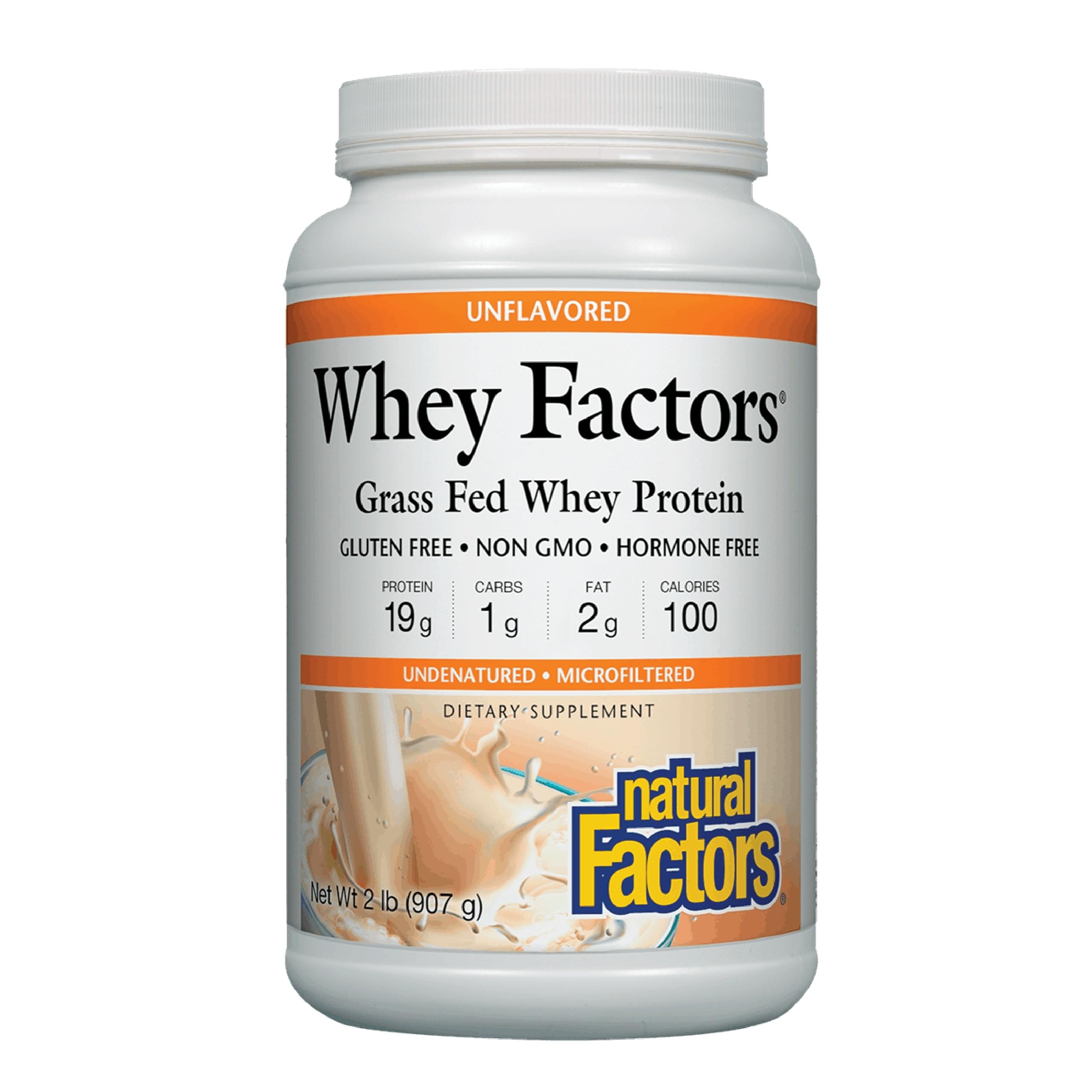 Natural Factors Whey Factors grass-fed bottle showing high protein support for workouts