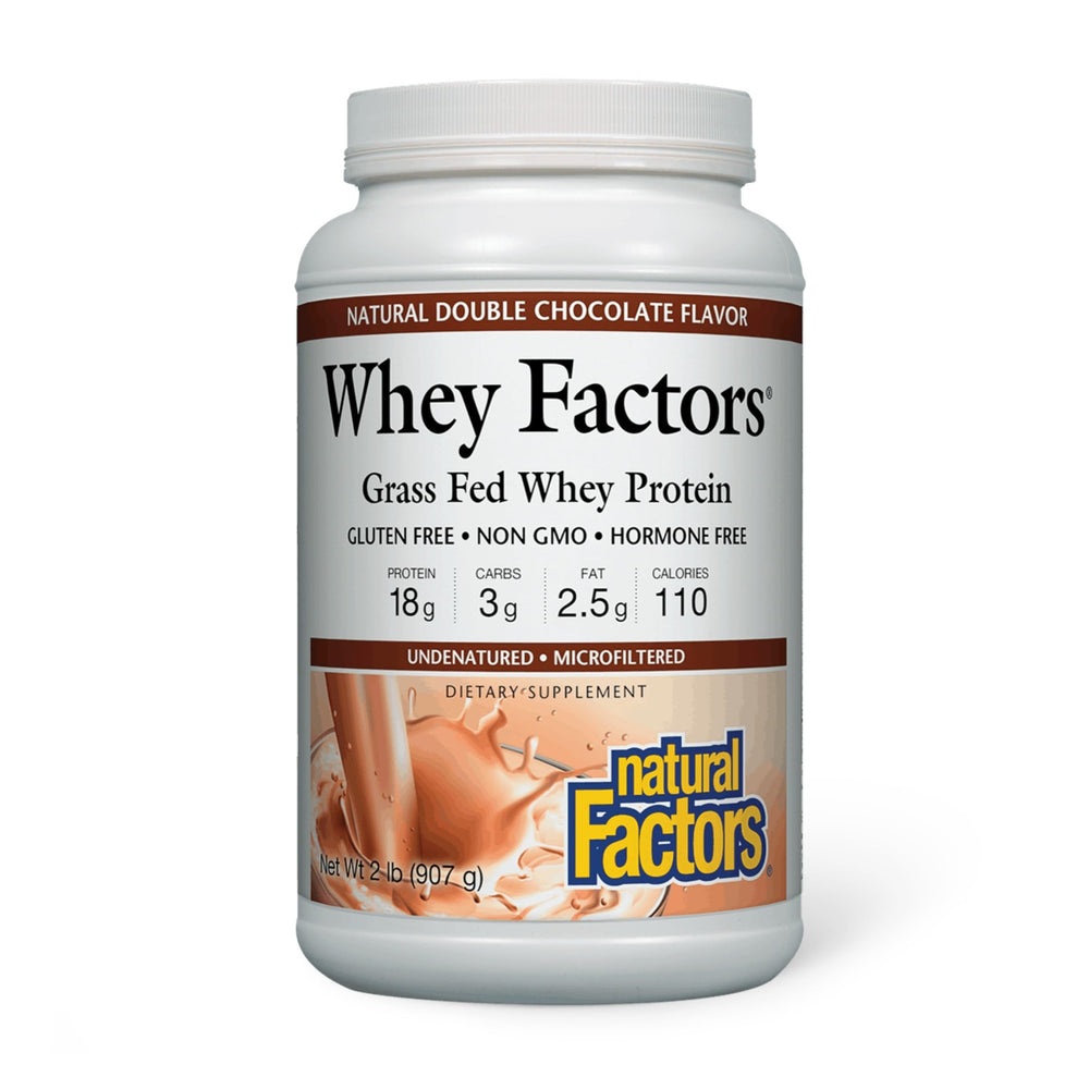 Natural Factors Whey Factors grass-fed whey bottle highlights premium sourcing for active lifestyles.
