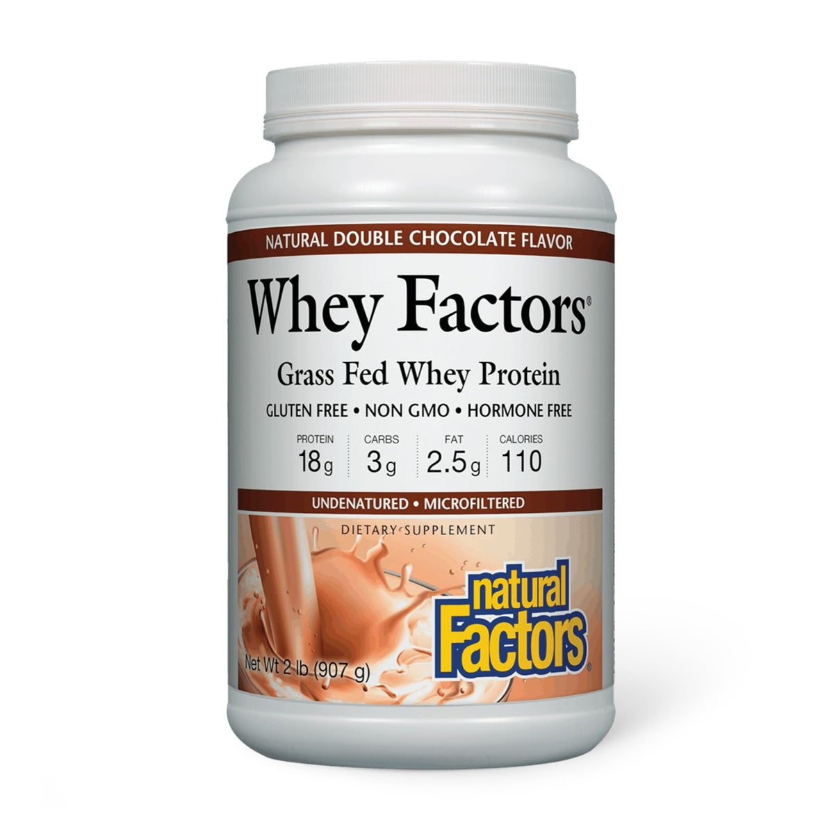 Natural Factors Whey Factors grass-fed whey bottle highlights premium sourcing for active lifestyles.