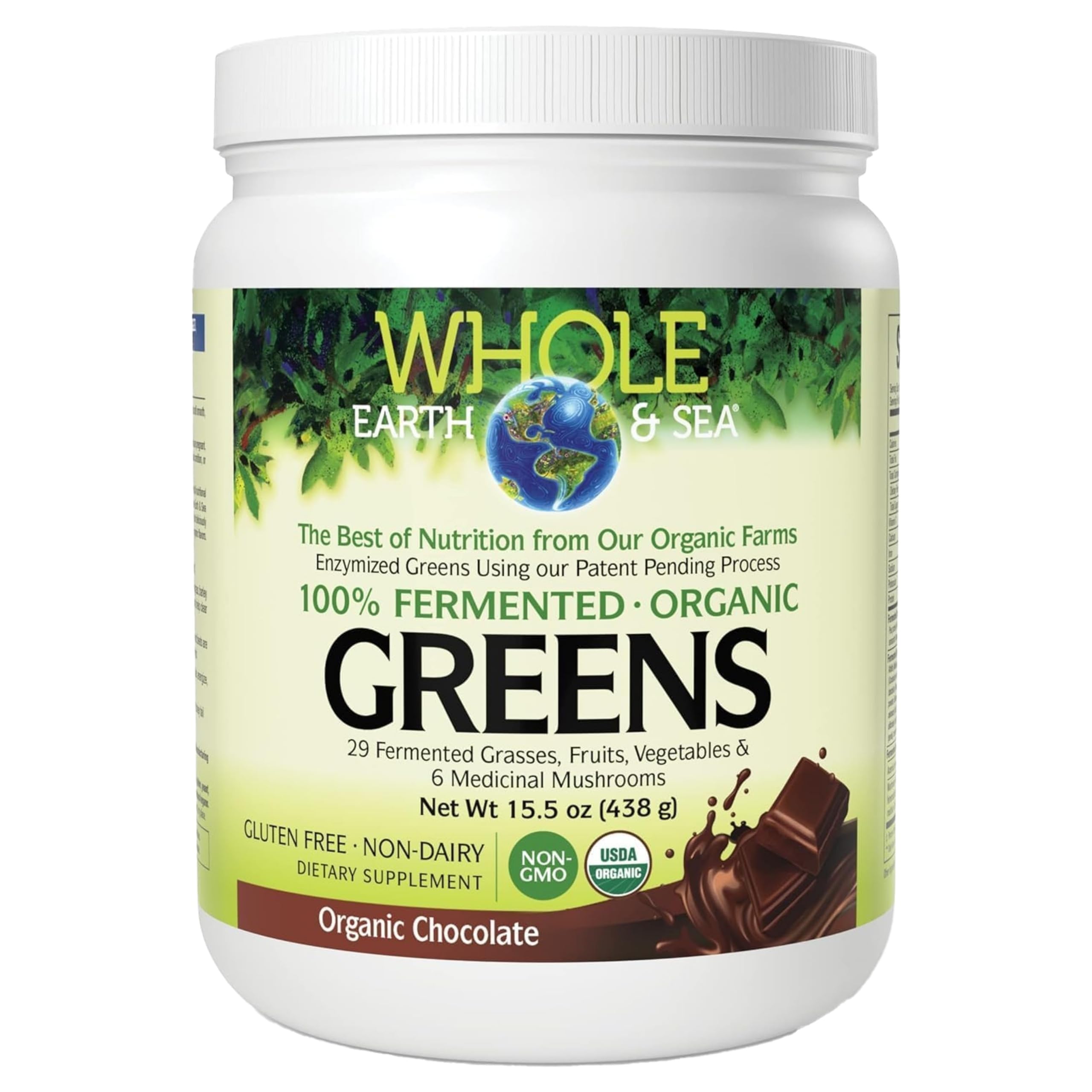 Natural Factors Whole Earth & Sea chocolate greens bottle for convenient daily nutrition.
