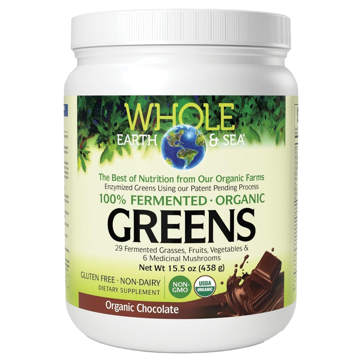 Natural Factors Whole Earth & Sea chocolate greens bottle for convenient daily nutrition.