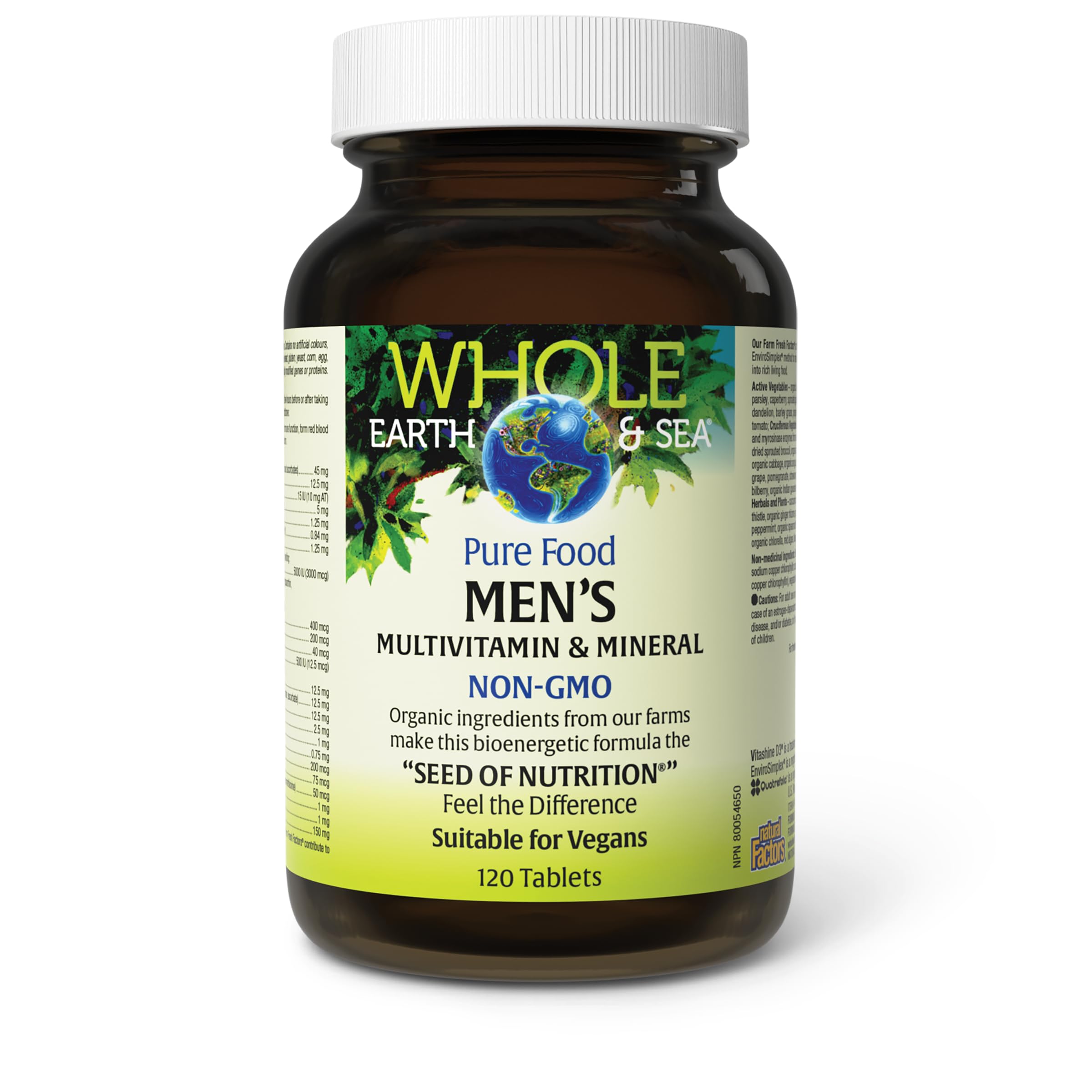 Natural Factors Whole Earth & Sea label graphic on bottle emphasizes vegan and non-GMO