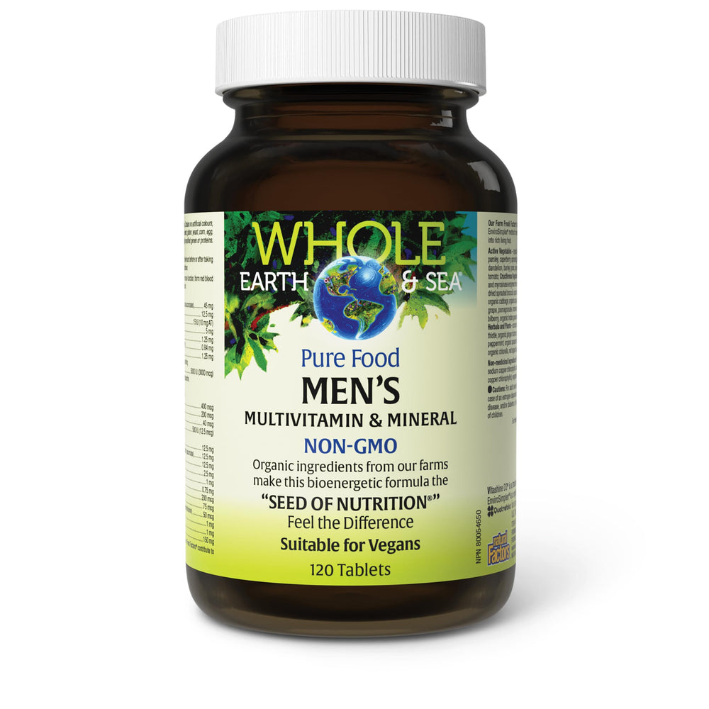 Natural Factors Whole Earth & Sea label graphic on bottle emphasizes vegan and non-GMO