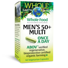 Natural Factors Whole Earth & Sea Men’s 50+ bottle with easy, once-daily capsules for daily wellness.