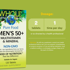 Natural Factors Whole Earth & Sea Men's 50+ label highlights vegan, non-GMO formulation.