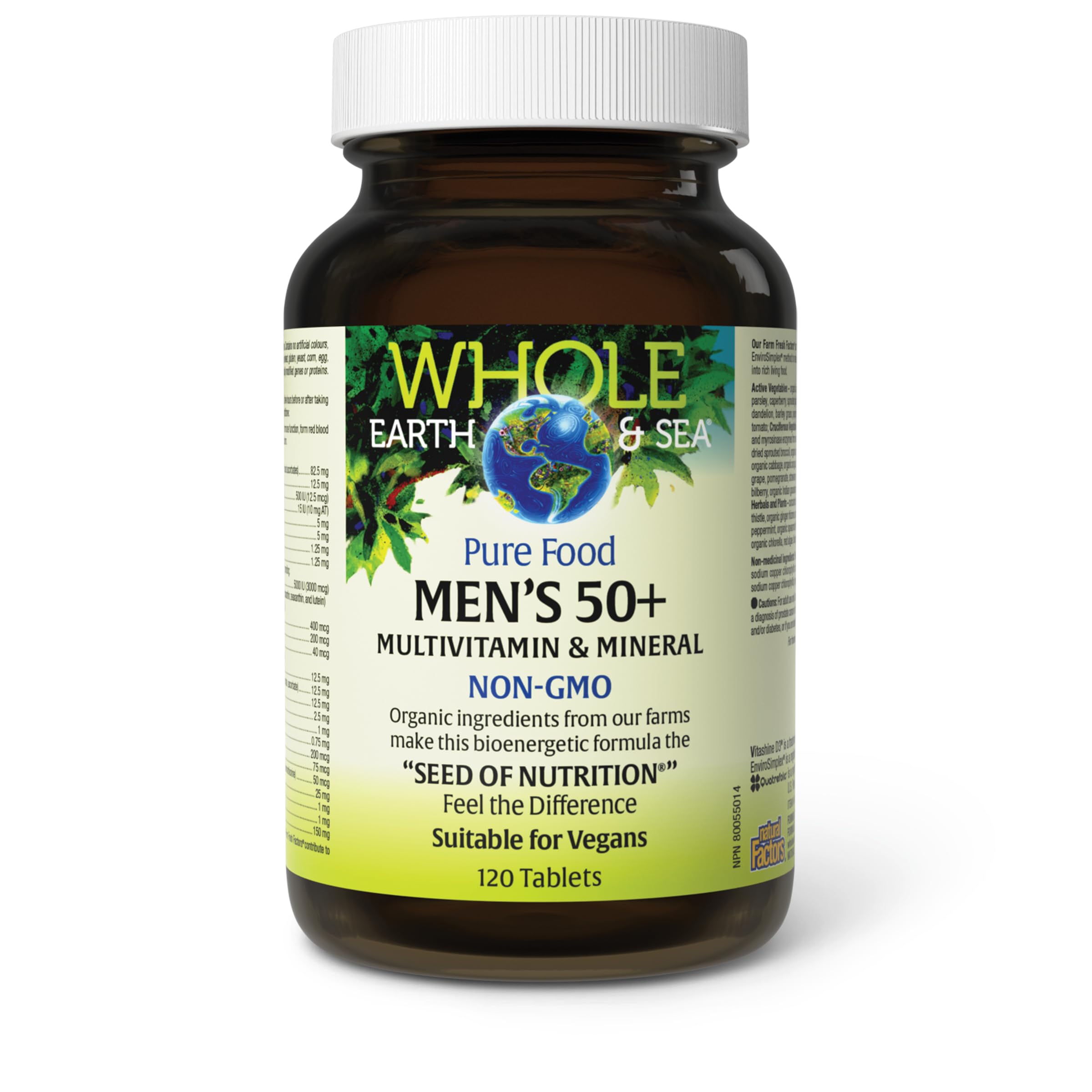 Natural Factors Whole Earth & Sea Men's 50+ ingredients include saw palmetto for prostate support.