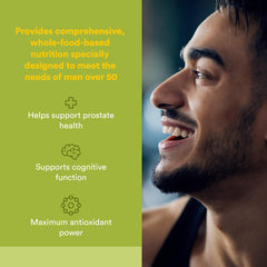 Natural Factors Whole Earth & Sea Men's 50+ tablets closeup shows a two-tablet daily serving.