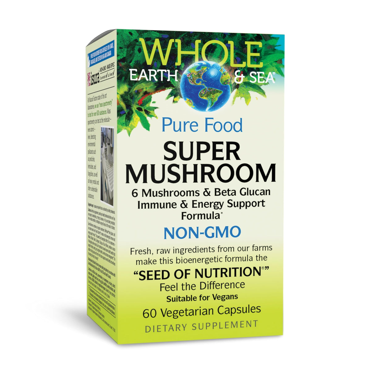 Natural Factors Whole Earth and Sea Super Mushroom bottle shows a daily capsule for immune and brain support