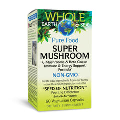 Natural Factors Whole Earth and Sea Super Mushroom bottle shows a daily capsule for immune and brain support