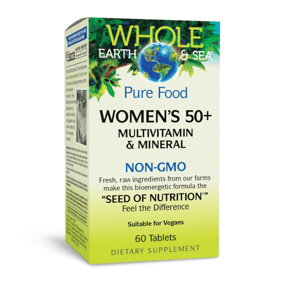 Natural Factors Whole Earth & Sea 50+ multivitamin bottle highlighting bone and brain support