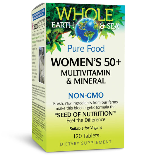 Natural Factors Whole Earth & Sea 50+ multivitamin bottle supports daily bone and brain wellness.