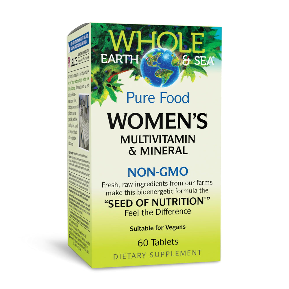 Natural Factors Whole Earth & Sea women’s multivitamin bottle shows plant-based nutrients for daily wellness