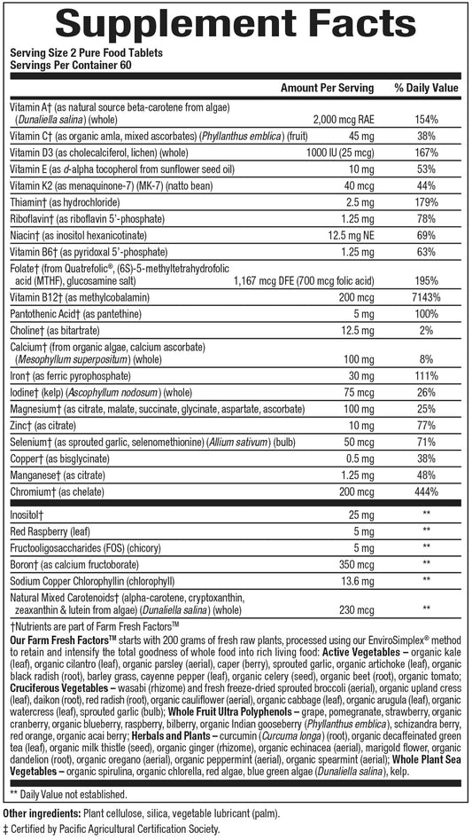 Natural Factors prenatal bottle back label detailing ingredients for prenatal nutrition.