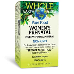 Natural Factors Whole Earth & Sea prenatal bottle front showing vegan, whole-food nutrition.