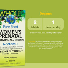 Label detail on Whole Earth & Sea Prenatal showing folate and vegan ingredients.