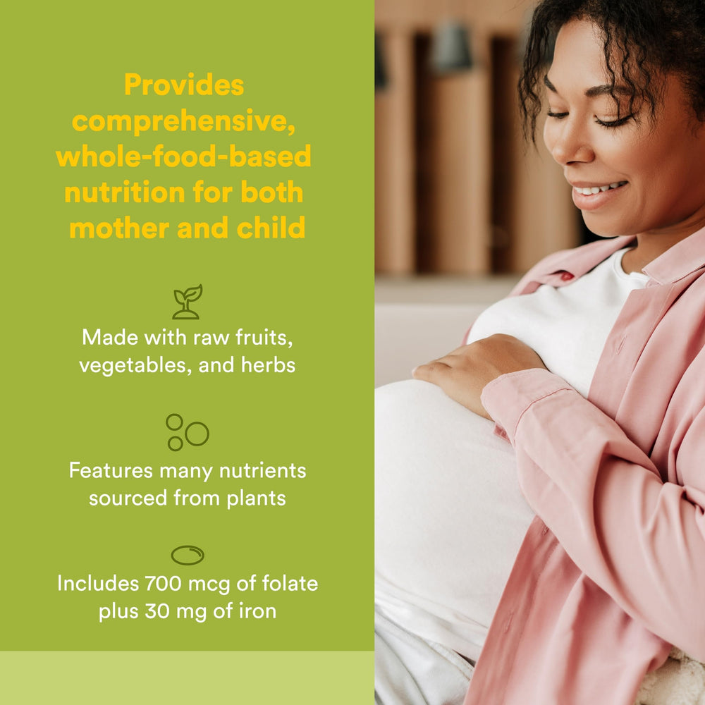 Close-up of Natural Factors prenatal tablets highlighting iron-rich formula for pregnancy.