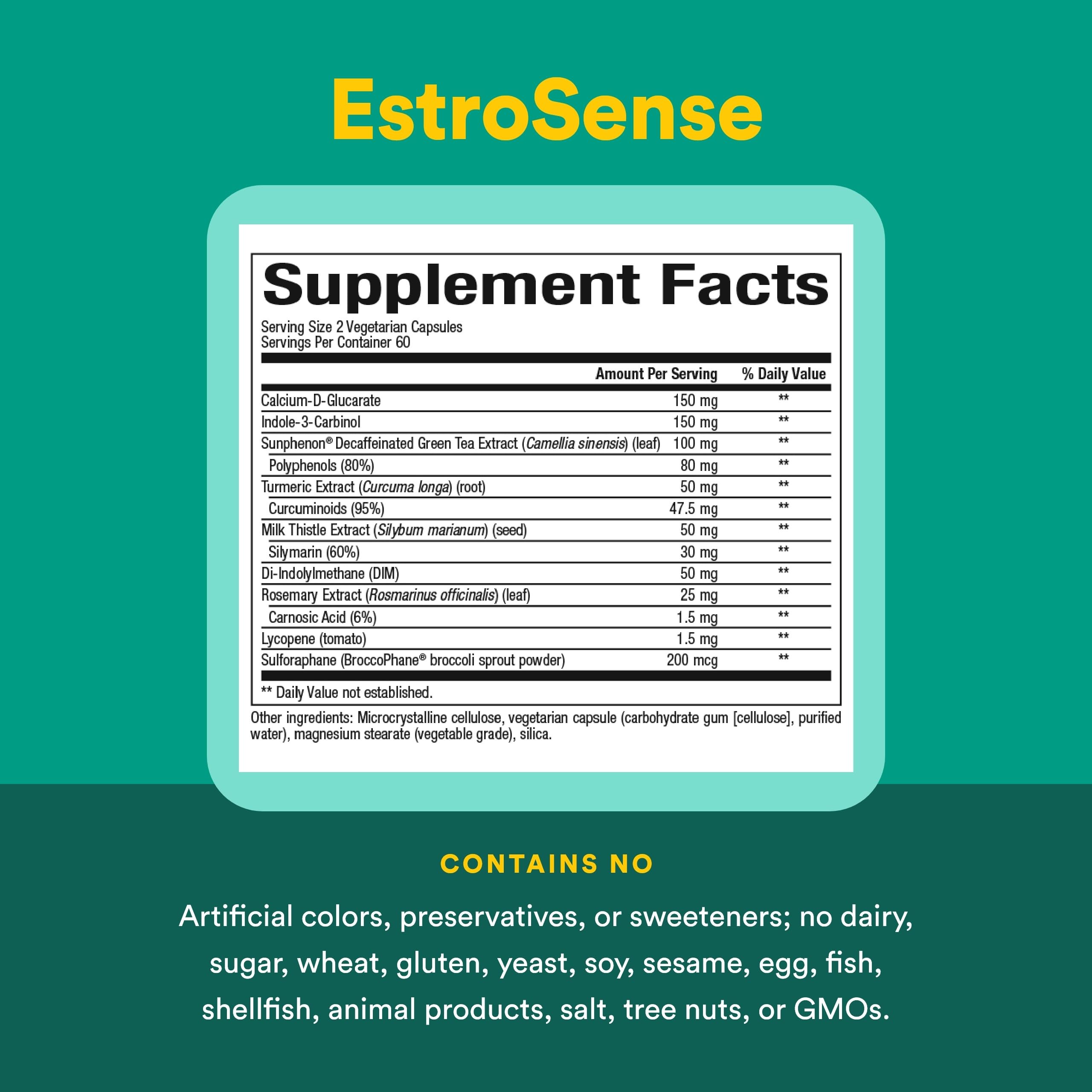 Nutrition facts visible on the EstroSense bottle.