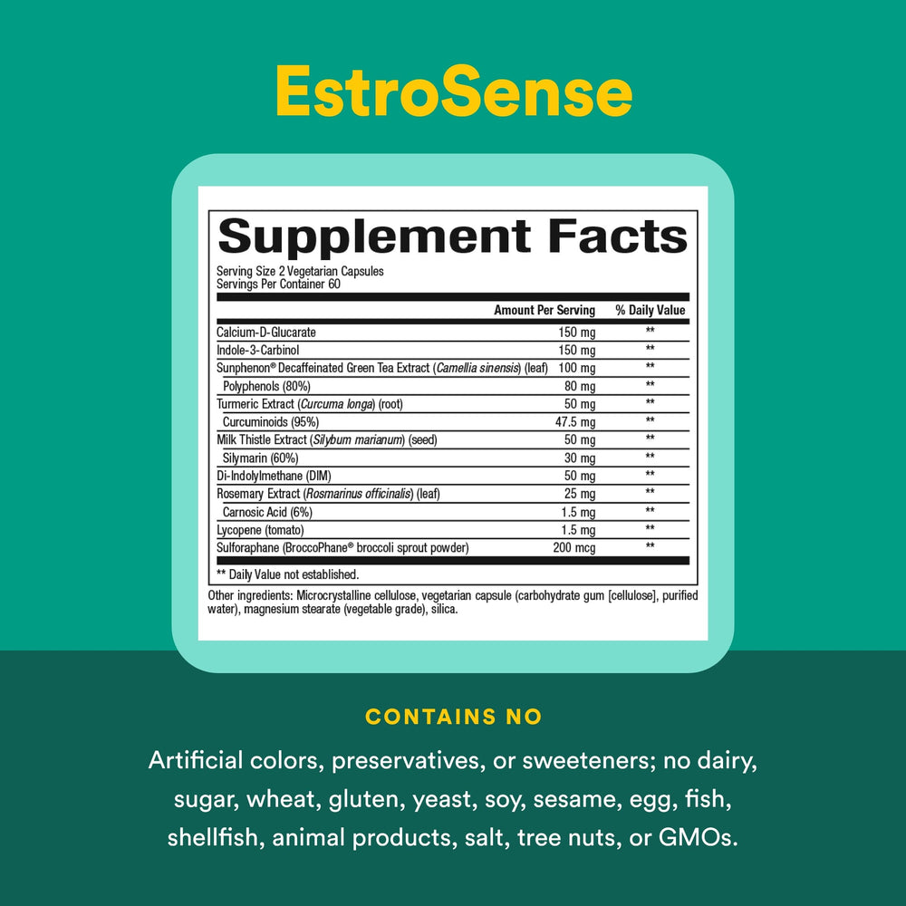 Nutrition facts visible on the EstroSense bottle.