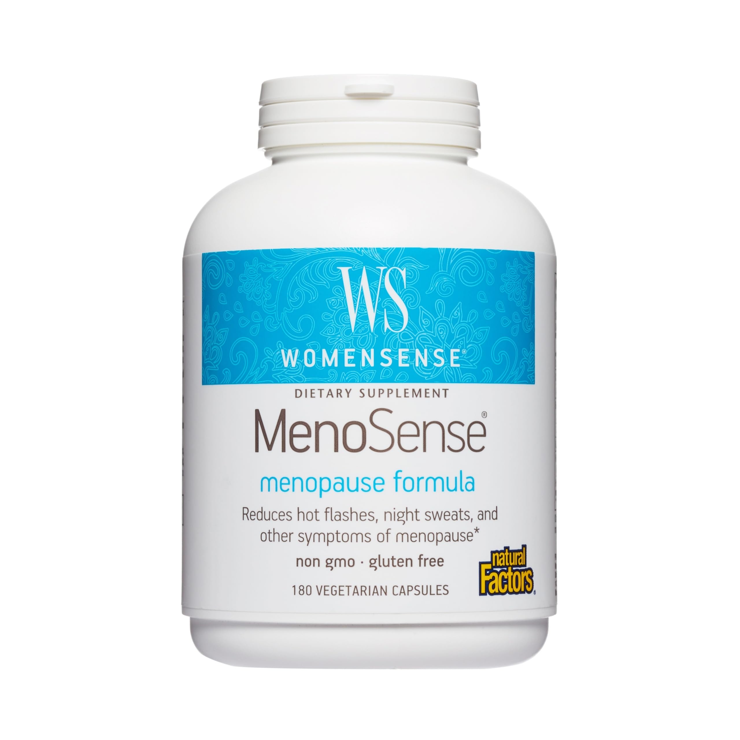 Natural Factors WomenSense MenoSense bottle supports menopause comfort with herbal ingredients.