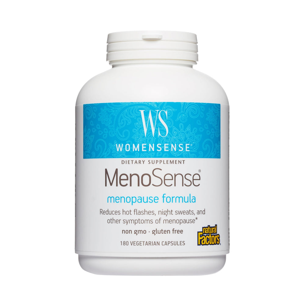 Natural Factors WomenSense MenoSense bottle supports menopause comfort with herbal ingredients.