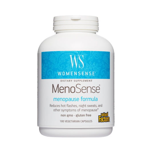 Natural Factors WomenSense MenoSense bottle supports menopause comfort with herbal ingredients.