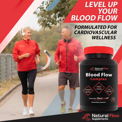 Natural Flow Blood Flow Complex label details ingredients and Vasonoxyl synergy for circulation.