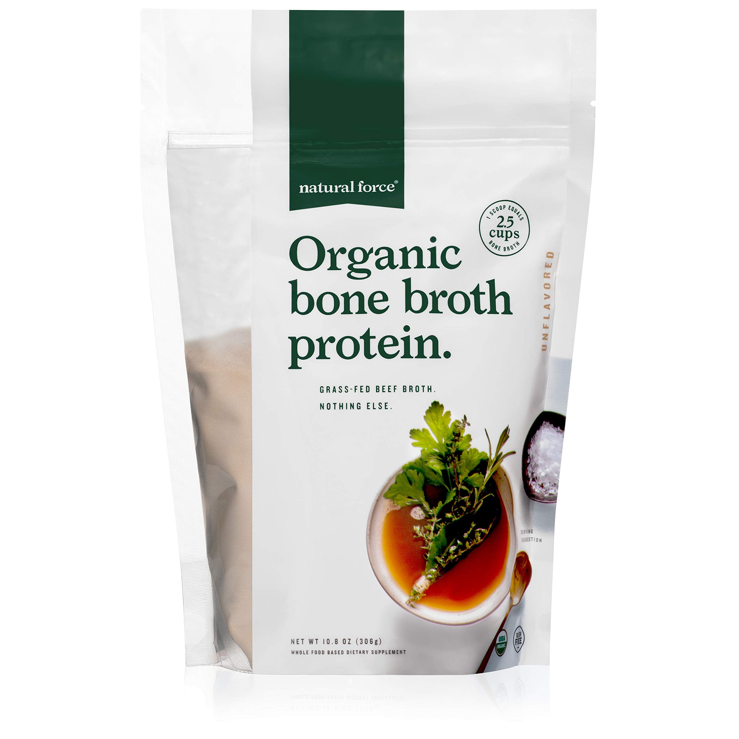 Natural Force bone broth protein powder jar shows organic formula for everyday meals