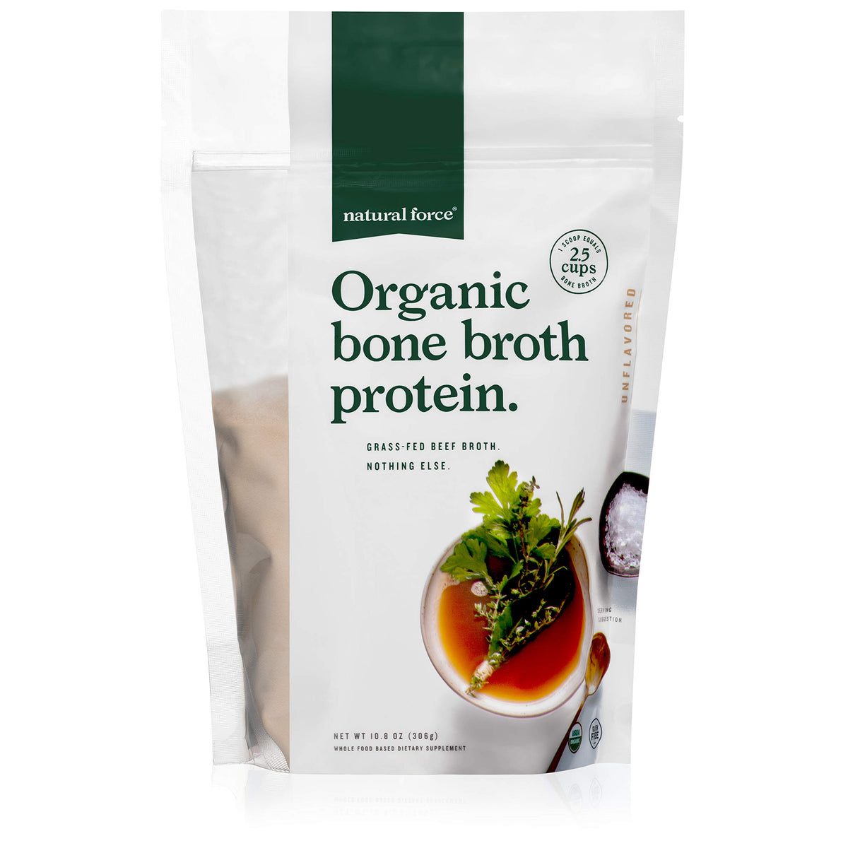 Natural Force bone broth protein powder jar shows organic formula for everyday meals