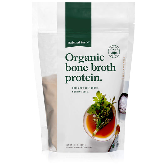 Natural Force bone broth protein powder jar shows organic formula for everyday meals