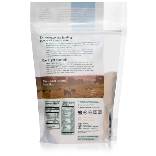 Natural Force bone broth protein scoop highlights 20 g protein per serving