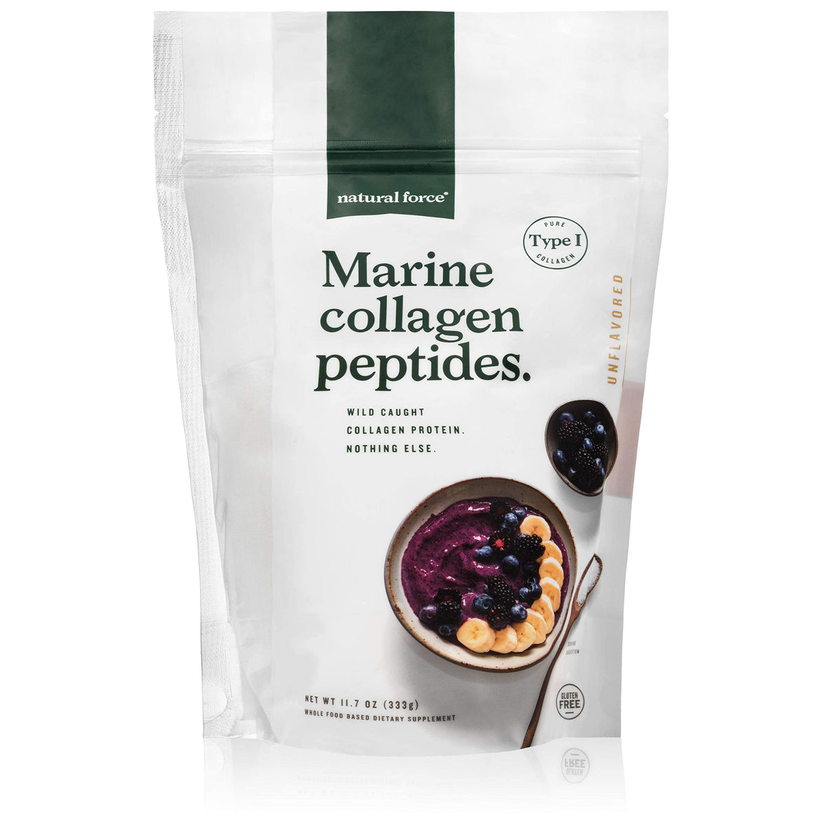 Natural Force Marine Collagen Bottle shows unflavored powder for joints and skin.