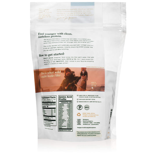 Natural Force collagen powder scoop illustrating 10 g protein per serving.