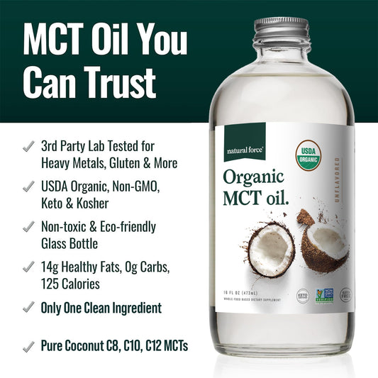 Natural Force MCT Oil from virgin coconut oil supports keto and low-carb routines.