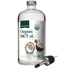 Natural Force Organic MCT Oil bottle in glass, ideal for keto coffee and light cooking.