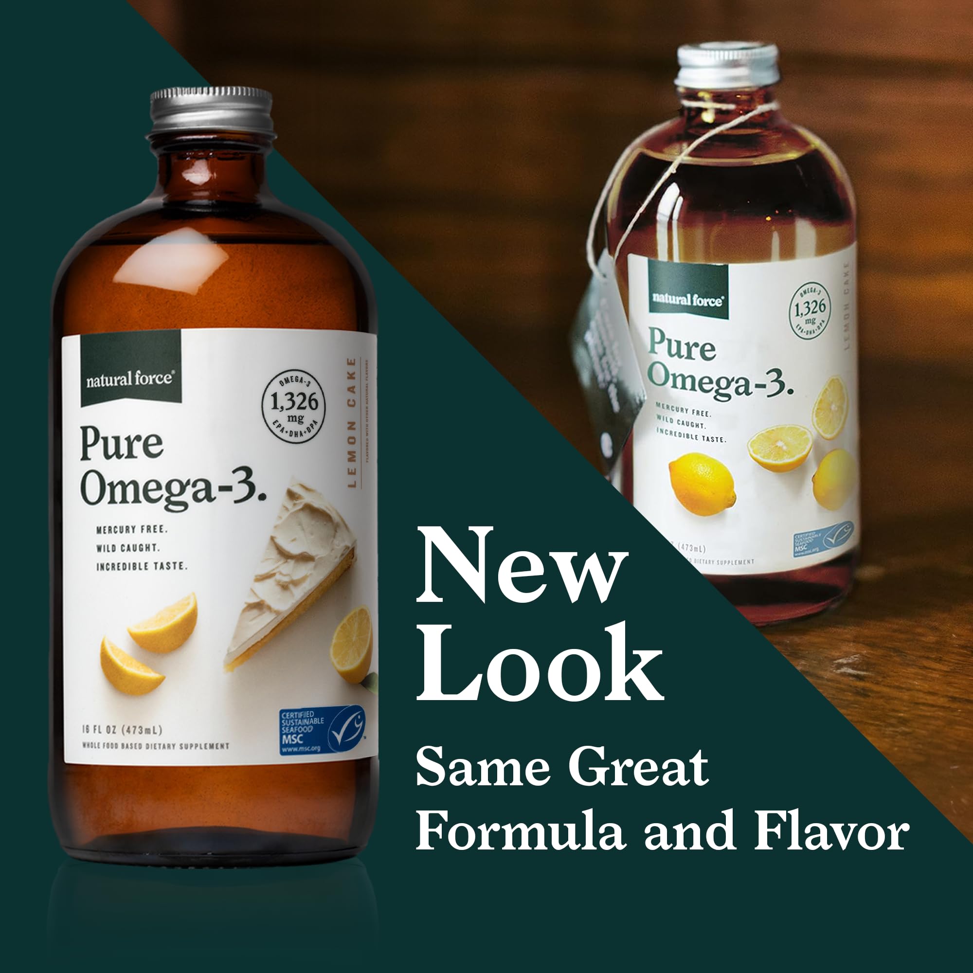 Amber glass bottle of Natural Force Pure Omega-3 preserves freshness and flavor