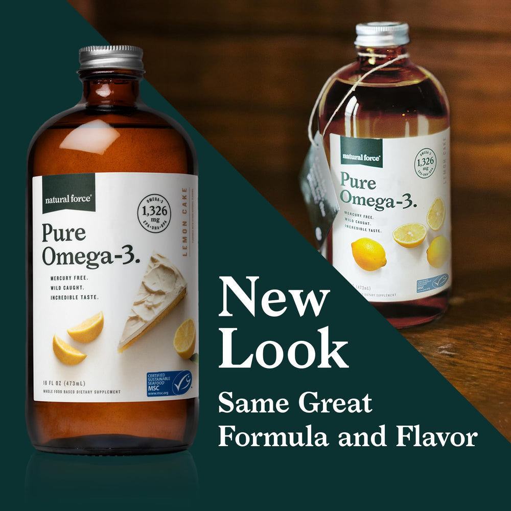 Amber glass bottle of Natural Force Pure Omega-3 preserves freshness and flavor