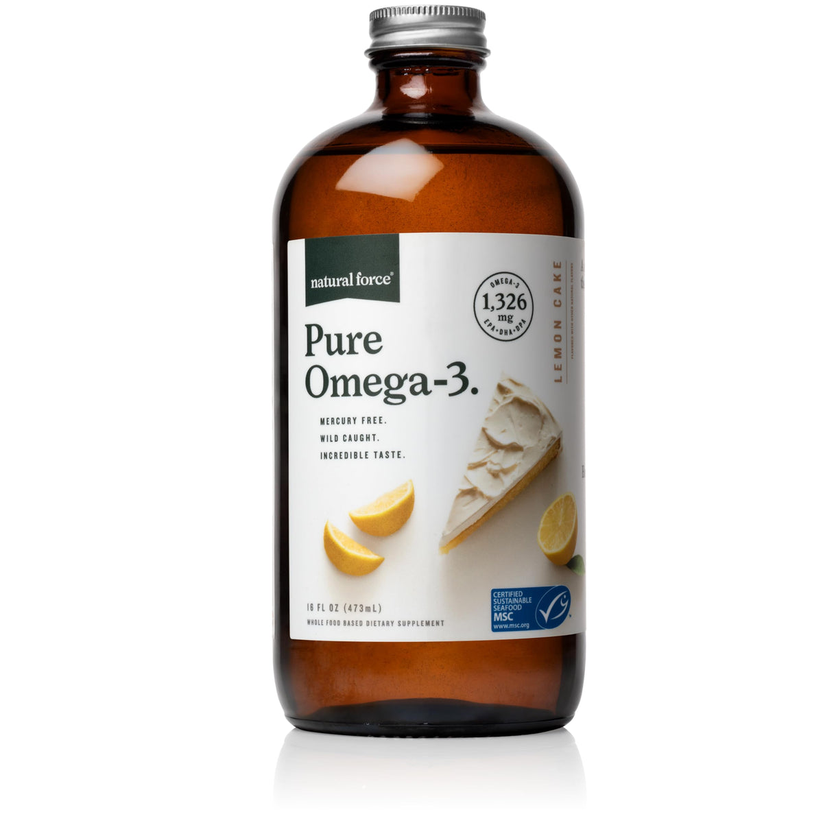 Natural Force Pure Omega-3 lemon bottle front label, convenient daily omega-3 source