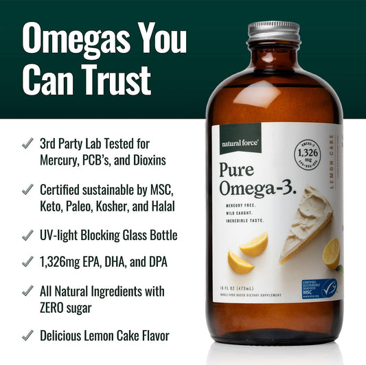 Close-up of Natural Force Pure Omega-3 lemon dropper for easy spoonfuls