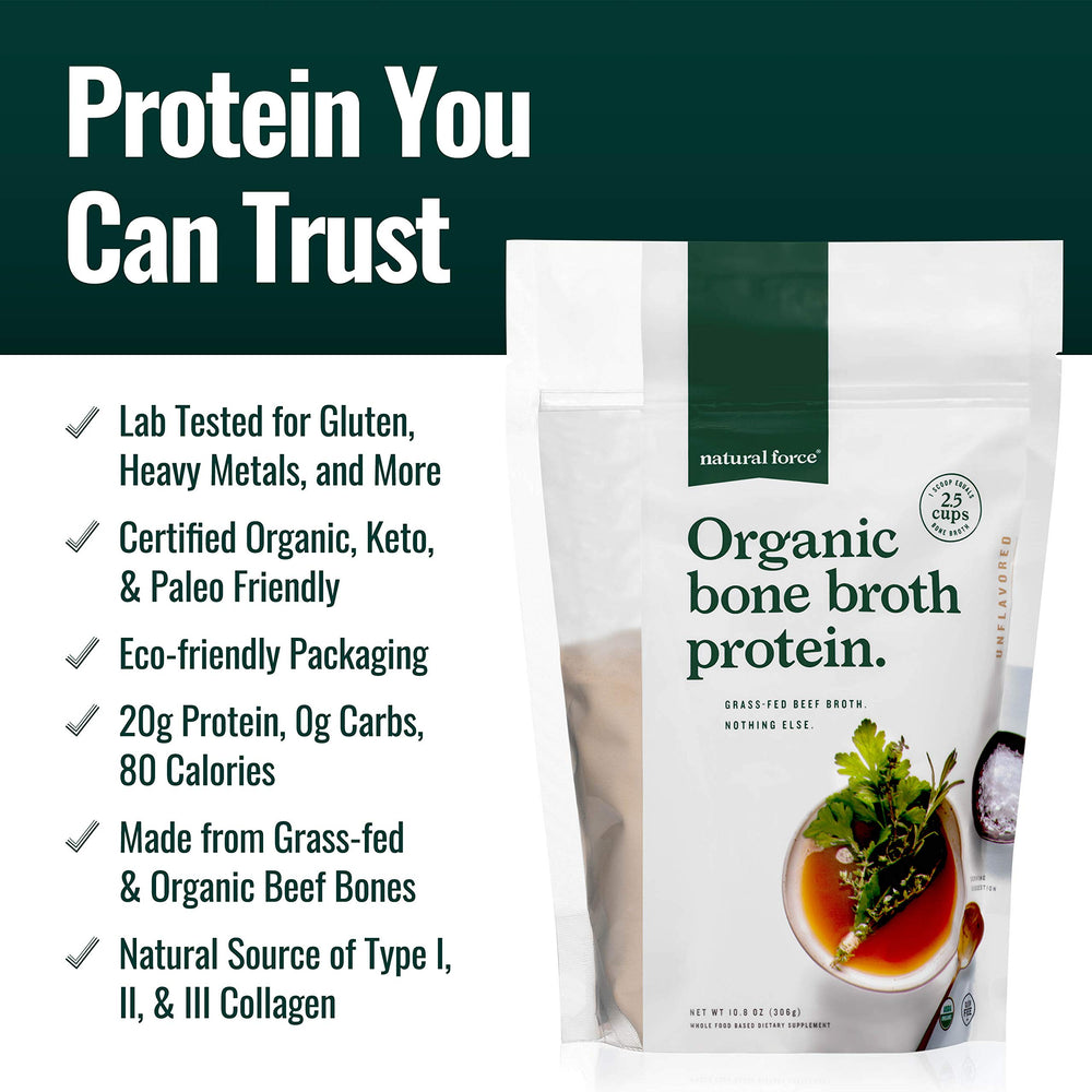 Natural Force bone broth protein being stirred into soup shows versatile cooking use