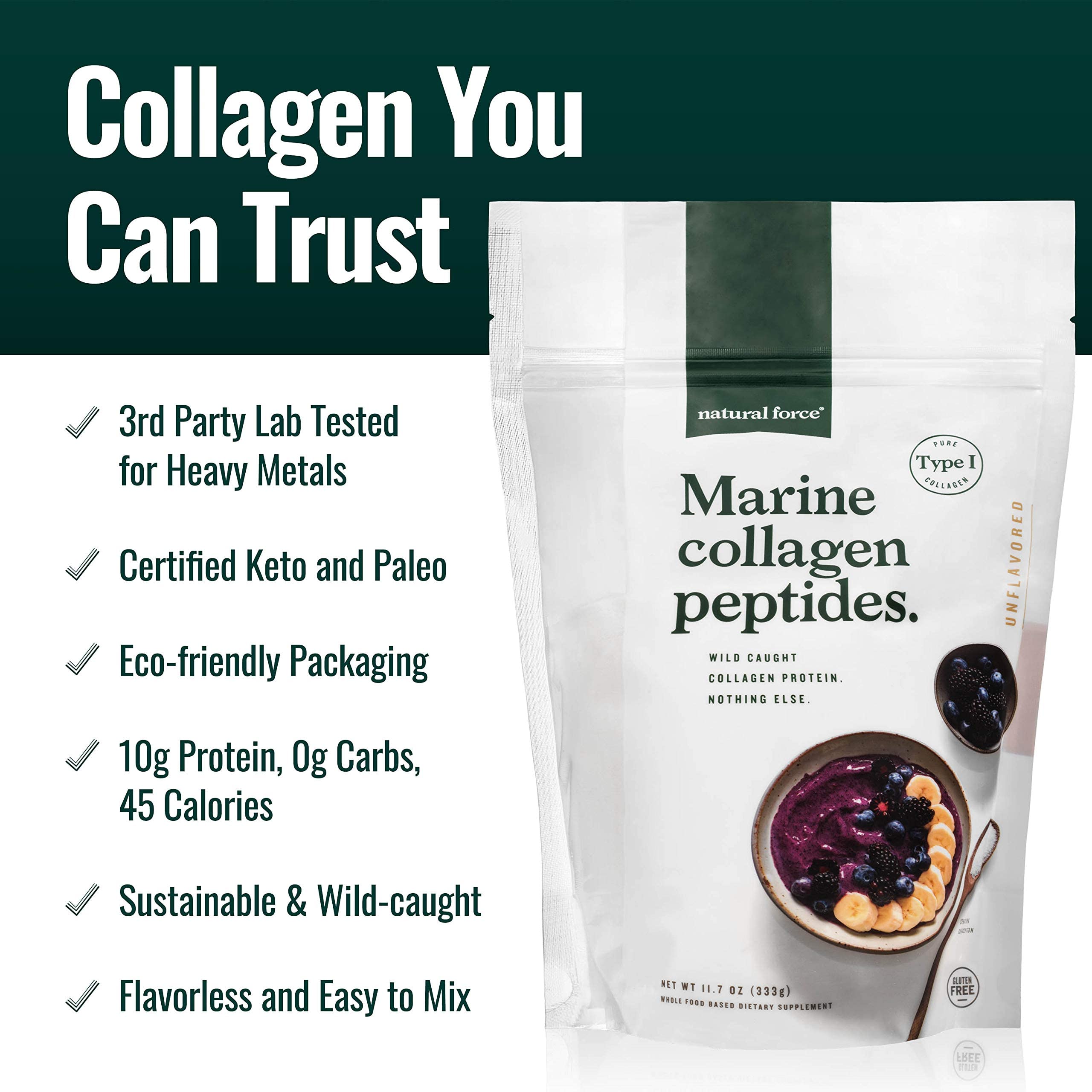Natural Force unflavored collagen dissolving in liquid for easy mix.