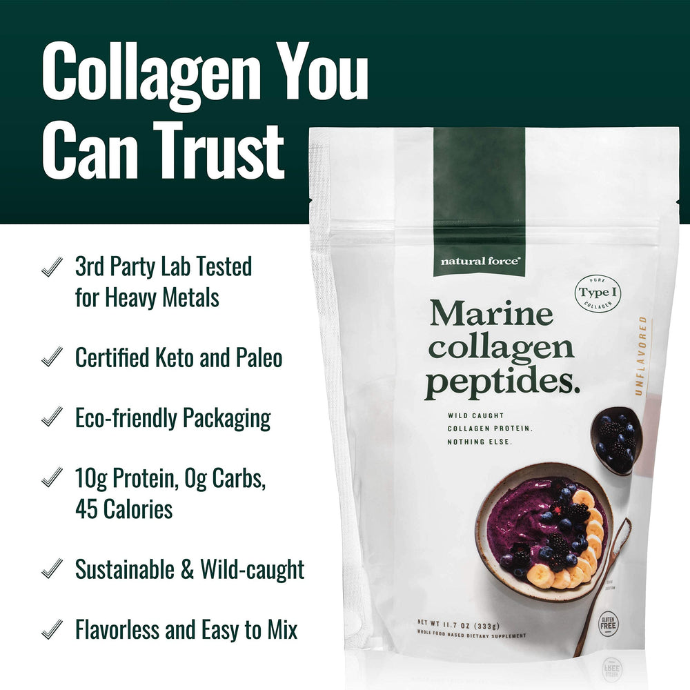 Natural Force unflavored collagen dissolving in liquid for easy mix.