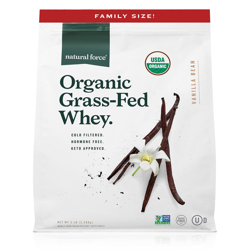 Natural Force grass-fed organic whey pouch front showing clean ingredients.