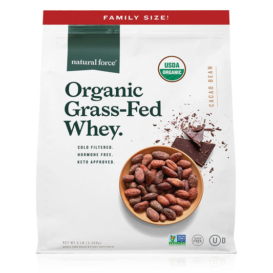 Natural Force chocolate whey powder in bag highlighting grass-fed organic formula for keto-friendly shakes