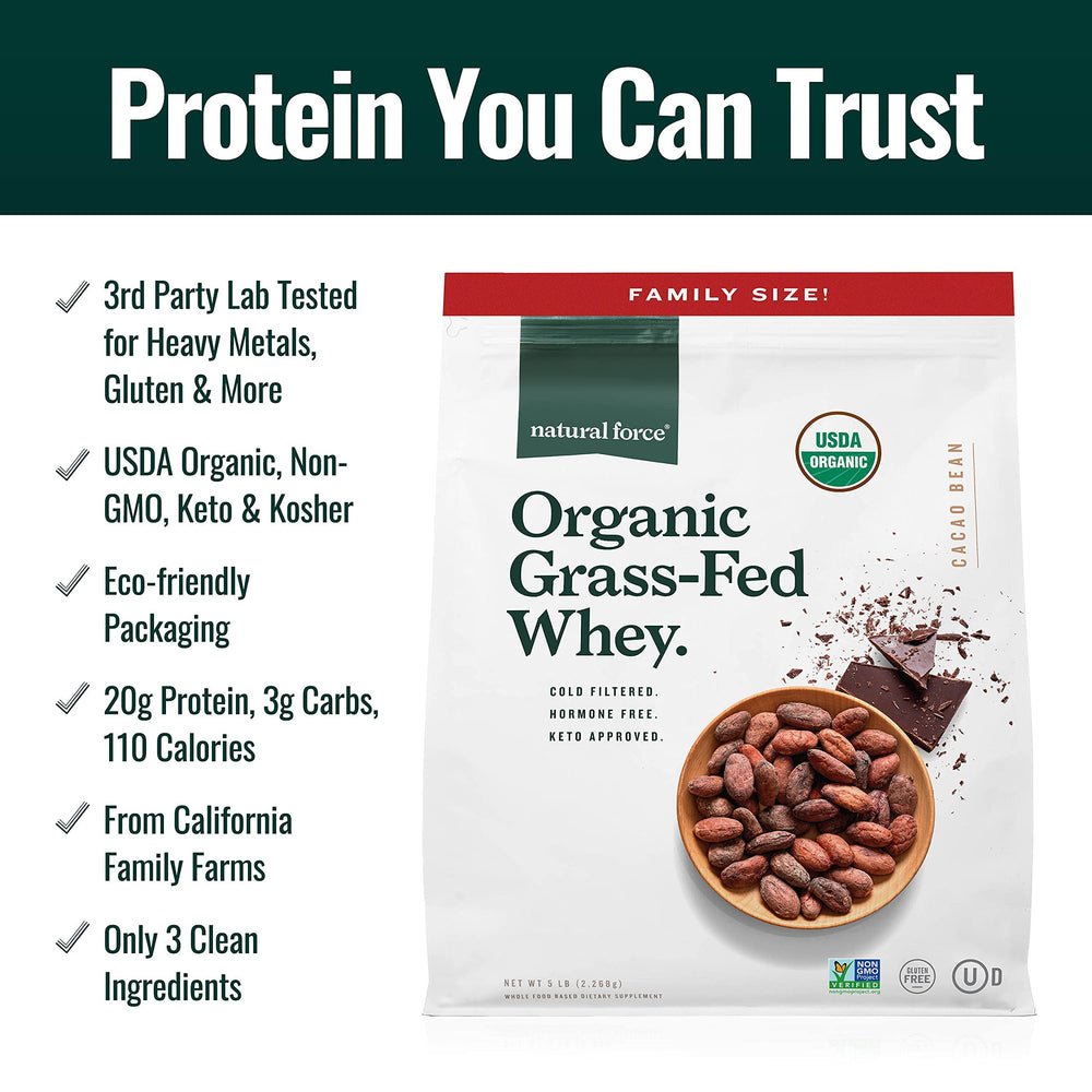 Natural Force chocolate whey powder pour showing smooth texture for shakes