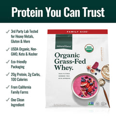 Natural Force whey powder label shows organic certification and purity.