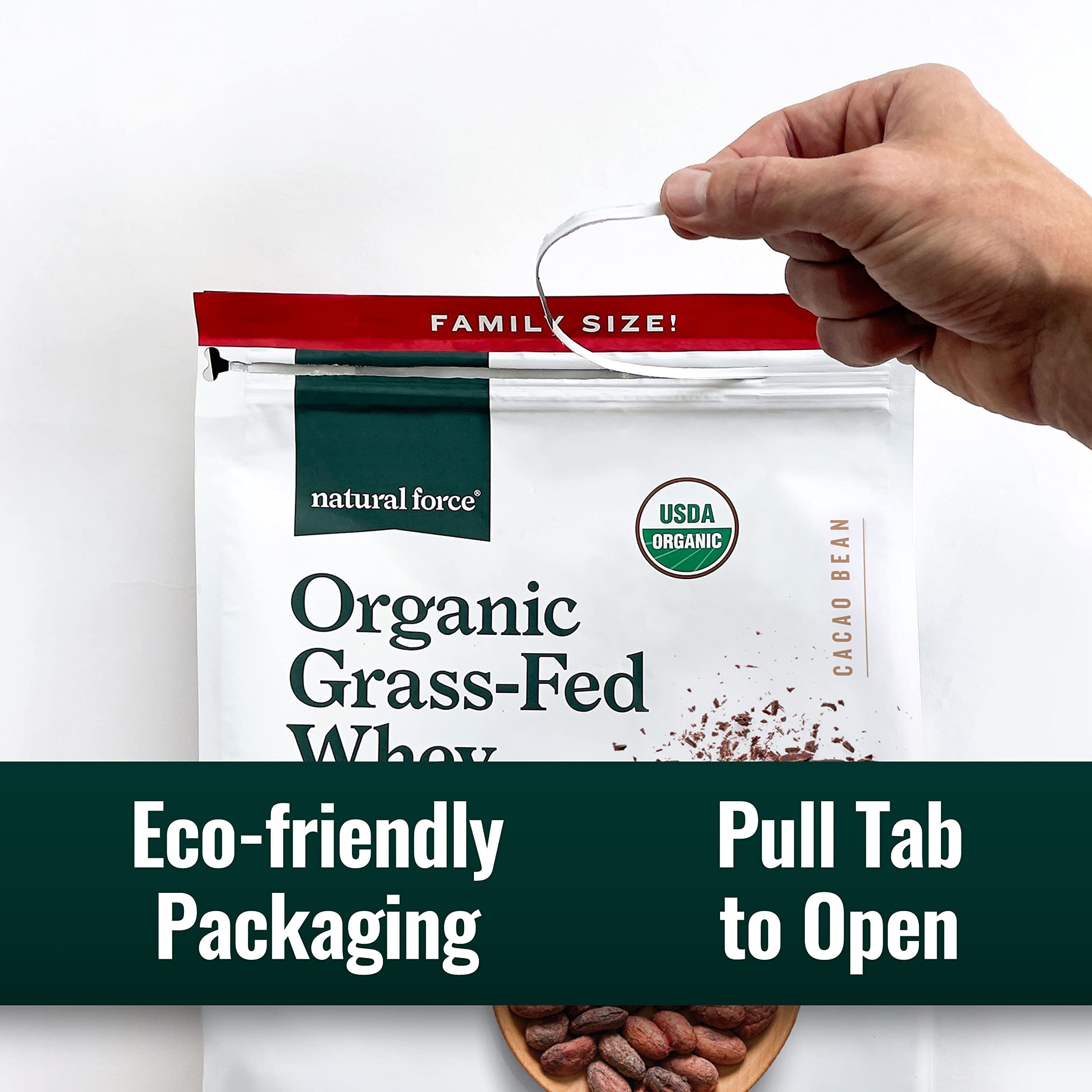 Natural Force chocolate whey powder recyclable, sustainable packaging