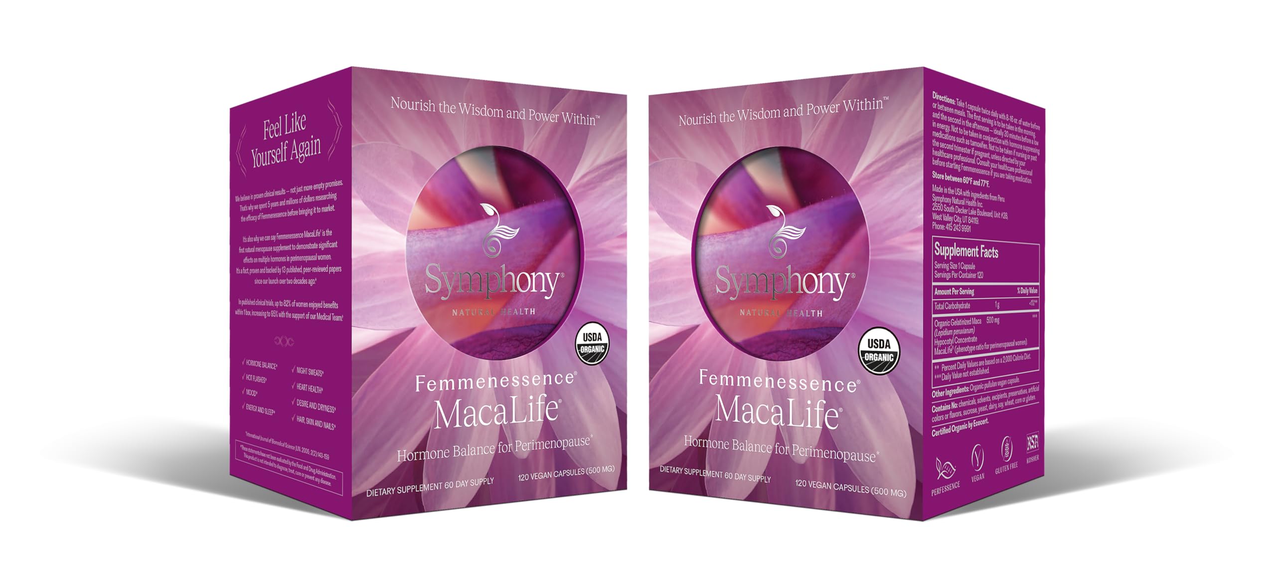 Femmenessence MacaLife bottle showcases organic vegan formula for perimenopause balance.