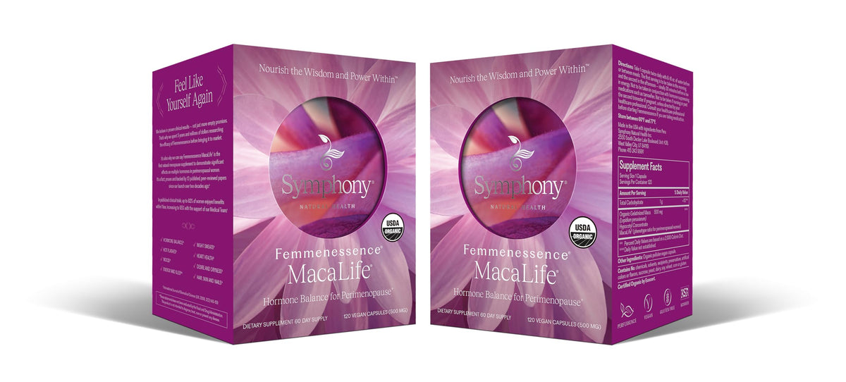Femmenessence MacaLife bottle showcases organic vegan formula for perimenopause balance.